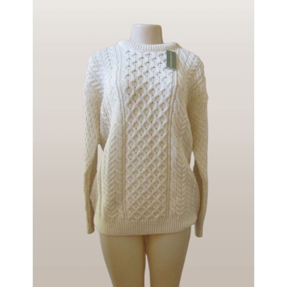 Rue Saint Patrick Cream Irish Cable Knit Sweater L Wool Crew Neck New W/ Tags